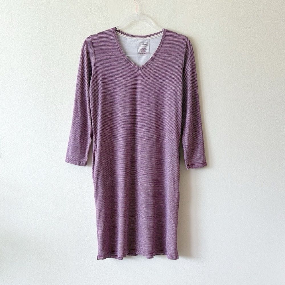L.L.Bean V Neck Stretch Organic Cotton Jersey Dress Purple Striped Long Sleeve